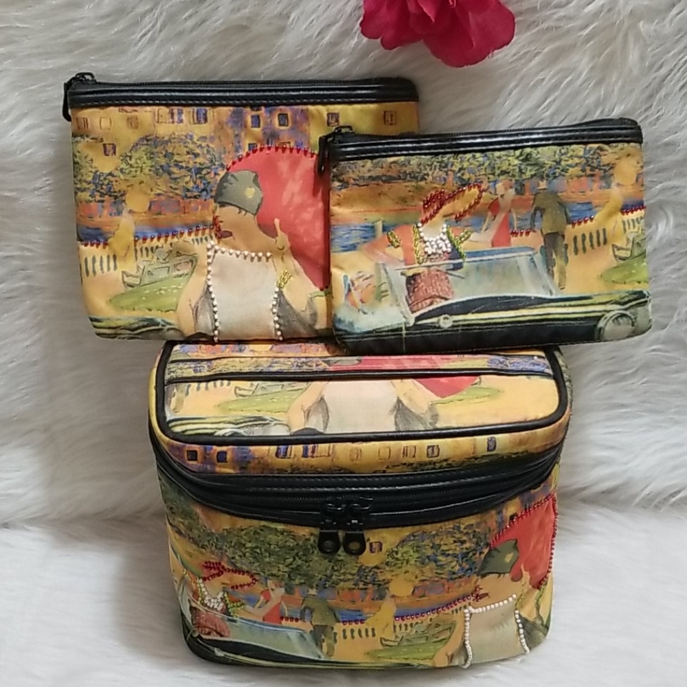 French Scenery 3Pcs Beaded Makeup Case